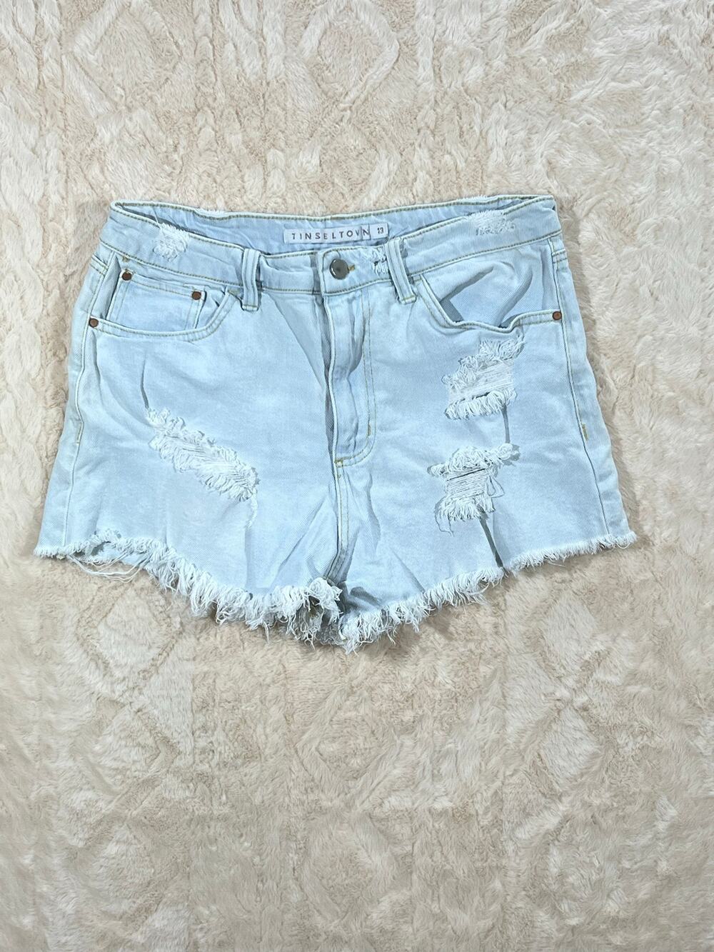Tinseltown Jean Shorts Womens 13 Light Wash Distressed Cutoff Raw Hem Denim